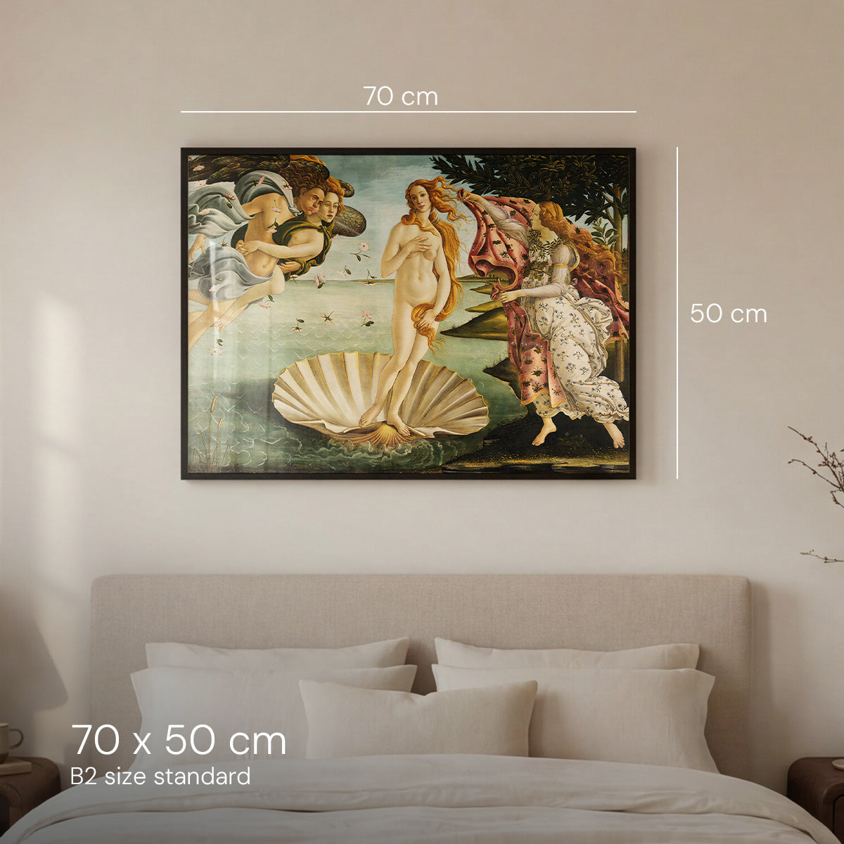 Framed artwork above a bed with dimensions indicated